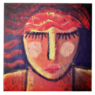 Azulejo De Cerâmica Abstrato de Cabelo Vermelho ondulado Retrato de um