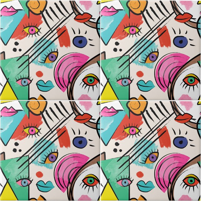 Azulejo De Cerâmica Abstrato de Cubismo Moderno Artsy Enfrenta Arte (Modern Cubism Abstract Artsy Female Faces Art Ceramic Tile)