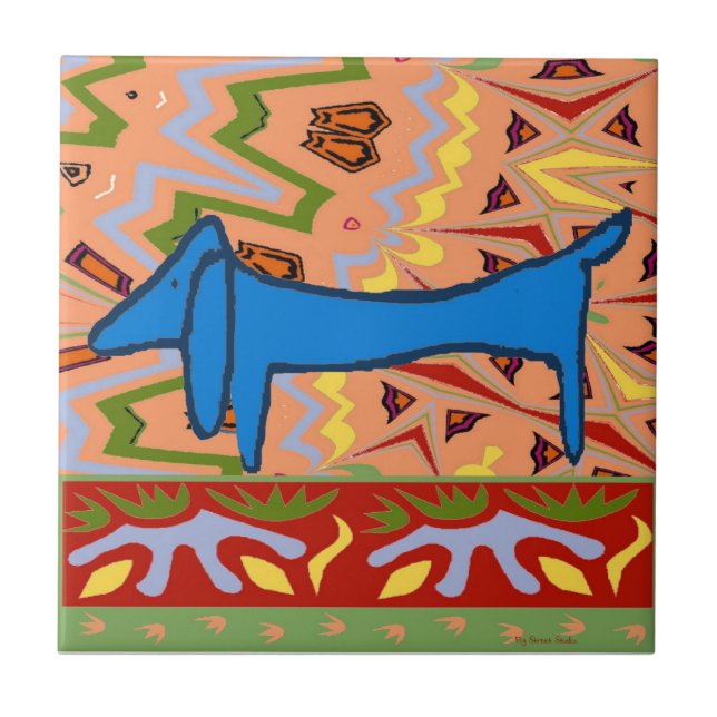 Azulejo De Cerâmica Abstrato de Dachshund Azul (Frente)