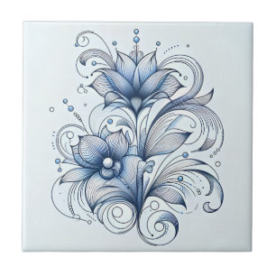 Azulejo De Cerâmica Abstrato de Flor de Arte Azul para Desenho
