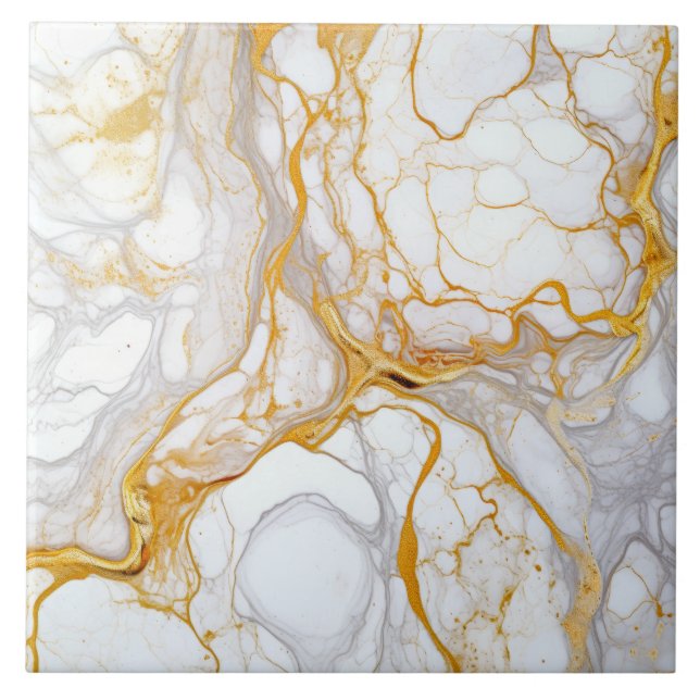 Azulejo De Cerâmica Abstrato De Mármore Dourado Branco E Álcool (Frente)