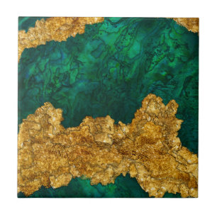 Azulejo De Cerâmica Abstrato de mídia mista verde e Dourado