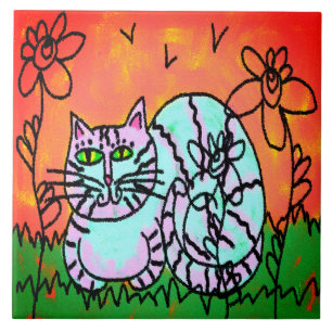 Azulejo De Cerâmica Abstrato digital colorida de pintura de gatos