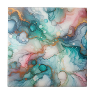 Azulejo De Cerâmica Abstrato em Rosa, Azul Claro, Azul e Dourado