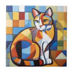 Azulejo De Cerâmica Abstrato Feline Beauty Calico Cat Cubist