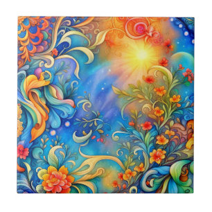 Azulejo De Cerâmica Abstrato Floral 72 Azul Laranja