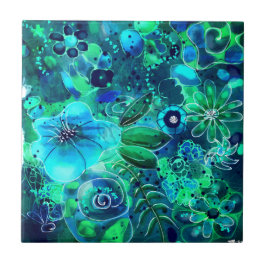 Azulejo De Cerâmica Abstrato Floral Azul-Teal Verde Folha Floral Flore