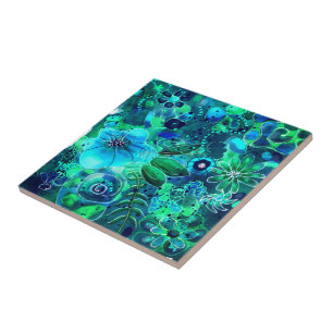 Azulejo De Cerâmica Abstrato Floral Azul-Teal Verde Folha Floral Flore