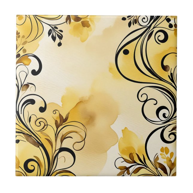 Azulejo De Cerâmica Abstrato Floral de Aquarela Elegante amarelo (Frente)