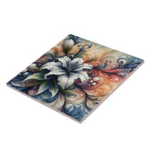 Azulejo De Cerâmica Abstrato Floral Design com Lily Branca