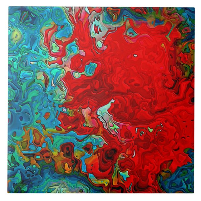 Azulejo De Cerâmica Abstrato Fluid Swirls Azul, Verde e Vermelho (Frente)