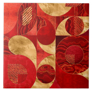 Azulejo De Cerâmica Abstrato geométrico - Texturas vermelhas e Dourada