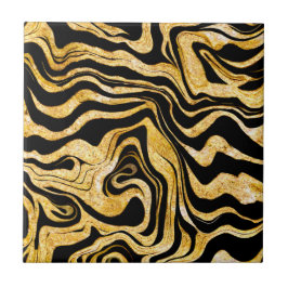 Azulejo De Cerâmica Abstrato Glam Elegante preto e Dourado marmoreado