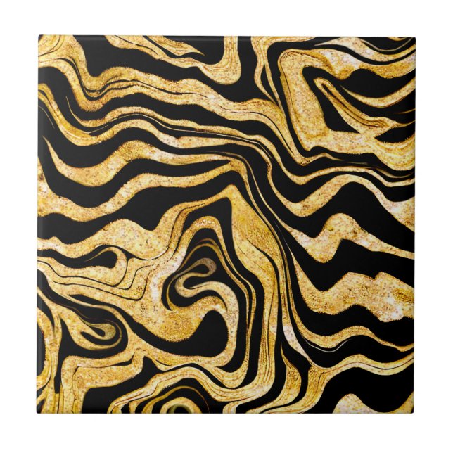 Azulejo De Cerâmica Abstrato Glam Elegante preto e Dourado marmoreado (Frente)