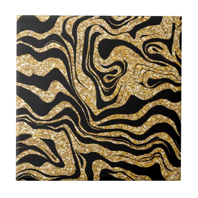 Azulejo De Cerâmica Abstrato Glam Elegante preto e Dourado marmoreado (Frente)