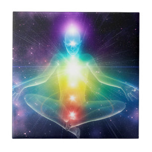 Azulejo De Cerâmica Abstrato humanoide lotus yoga pose com chakras