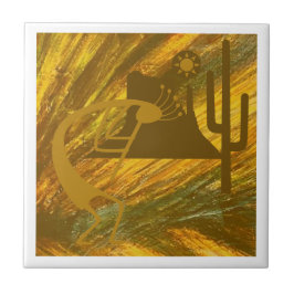 Azulejo De Cerâmica Abstrato Kokopelli com Mesa, Cactus e Sol