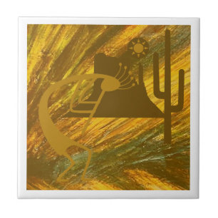 Azulejo De Cerâmica Abstrato Kokopelli com Mesa, Cactus e Sol