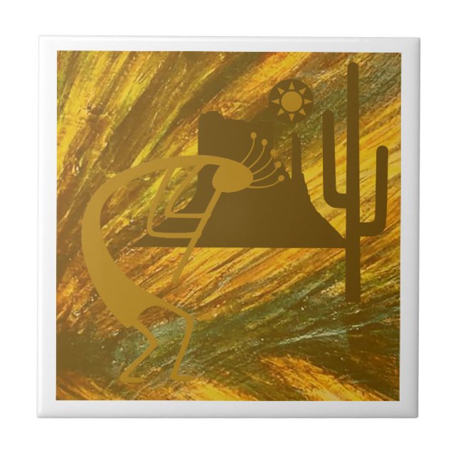 Azulejo De Cerâmica Abstrato Kokopelli com Mesa, Cactus e Sol (Frente)