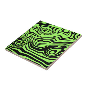 Azulejo De Cerâmica Abstrato - Linhas verdes pretas e neon distorcidas