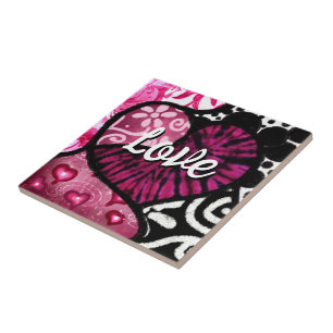 Azulejo De Cerâmica Abstrato Love Heart Pink Floral Bolinhas Pretas