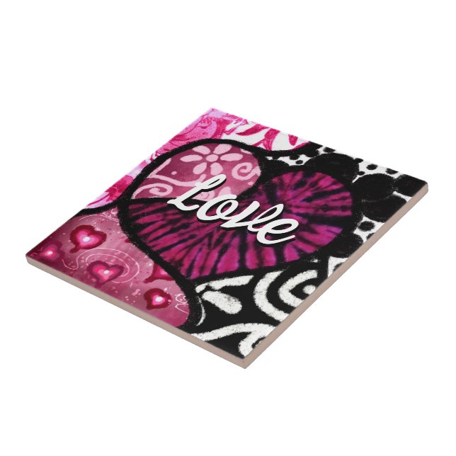Azulejo De Cerâmica Abstrato Love Heart Pink Floral Bolinhas Pretas (Lateral)