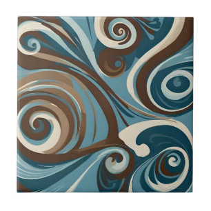 Azulejo De Cerâmica Abstrato Marrom, Azul e Creme