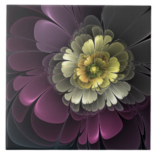 Azulejo De Cerâmica Abstrato Modern Purpur Khaki Cinza Flor Fractal