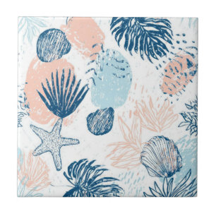 Azulejo De Cerâmica Abstrato Náutico Praia Azul Pêssego Distressed (1)