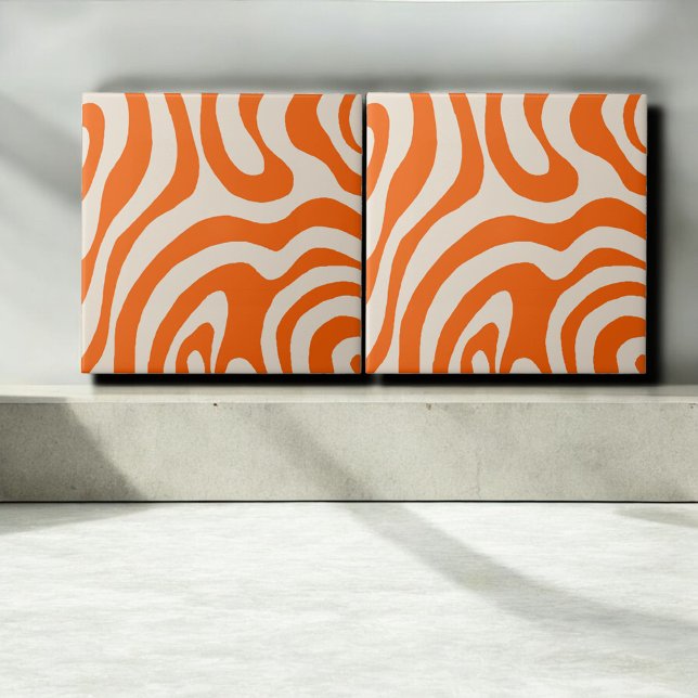 Azulejo De Cerâmica Abstrato Orange Marble Groovy Stripe Negra (Criador carregado)