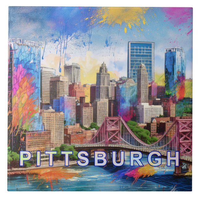 Azulejo De Cerâmica Abstrato Pittsburgh Skyline Art Modern Cityscape (Frente)
