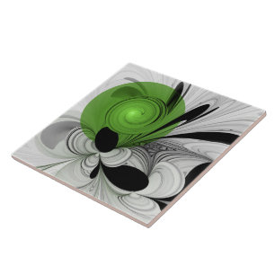 Azulejo De Cerâmica Abstrato preto e branco com arte frontal verde