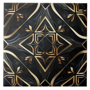 Azulejo De Cerâmica Abstrato preto e Dourado - Arte Geométrica Moderna