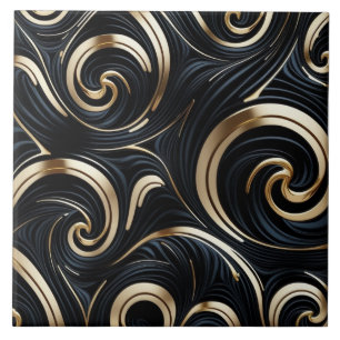 Azulejo De Cerâmica Abstrato preto e Dourado - Curvas Orgânicas