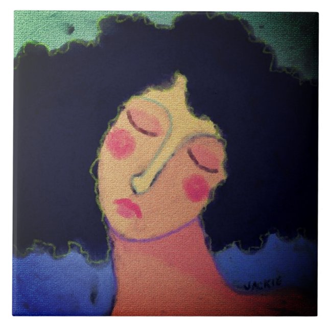 Azulejo De Cerâmica Abstrato Retrato Rainy Hair Days de uma Mulher (Frente)