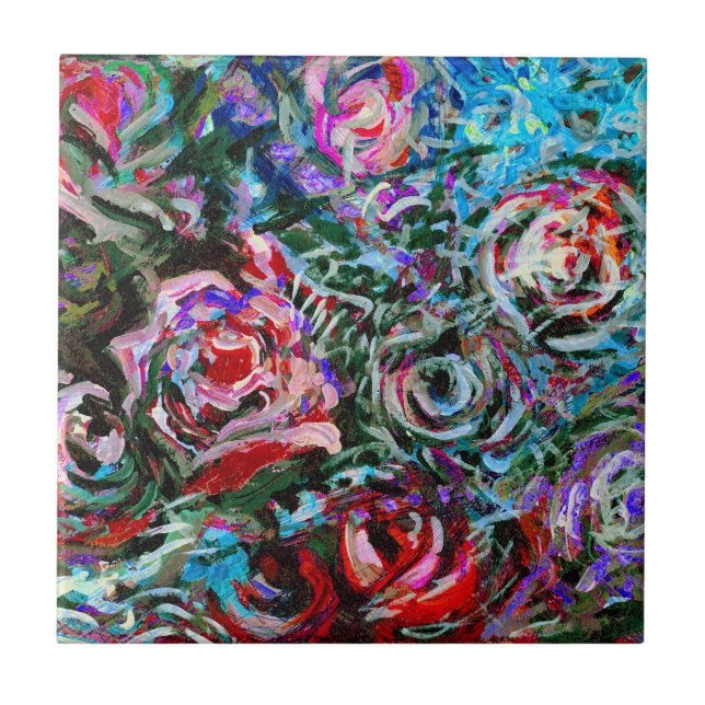 Azulejo De Cerâmica Abstrato rosas em vermelho e azul (Frente)