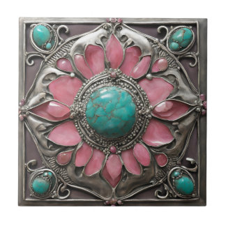 Azulejo De Cerâmica Abstrato Silver Pink e Arte Mosaica Turquesa
