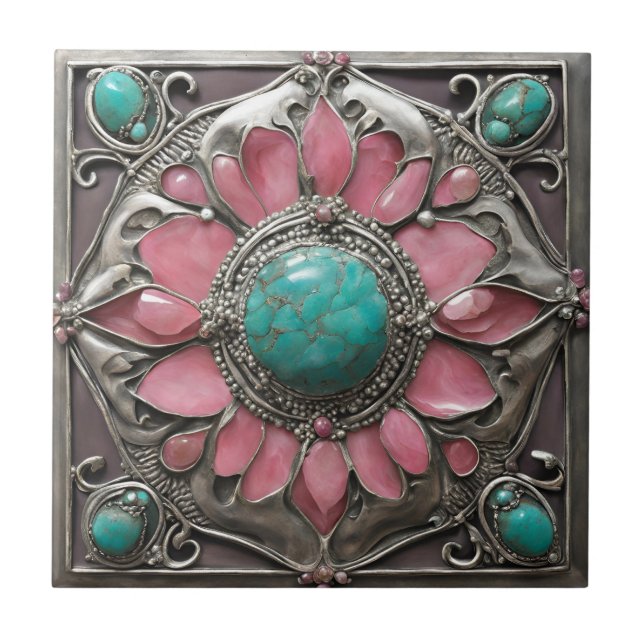 Azulejo De Cerâmica Abstrato Silver Pink e Arte Mosaica Turquesa (Frente)