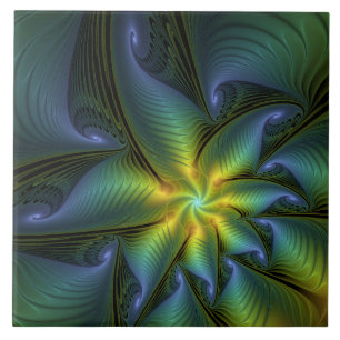 Azulejo De Cerâmica Abstrato Star, Ouro Verde brilhante Arte Fractal