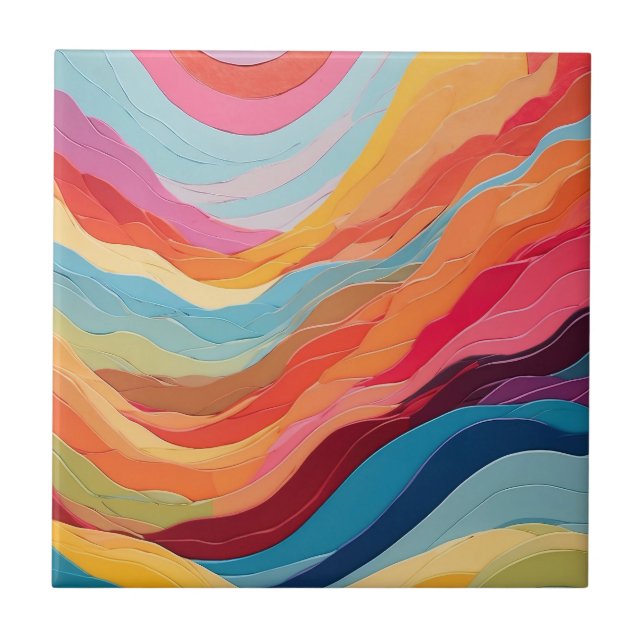 Azulejo De Cerâmica Abstrato Whimsical Rainbow Wavy Stripes (Frente)