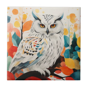 Azulejo De Cerâmica Abstrato White Owl Na Ramificação Colorida Da Árvo