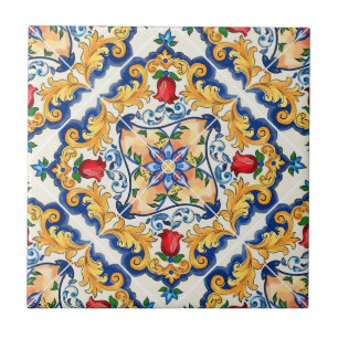Azulejo De Cerâmica Açafrão Vermelho Floral Siciliano Majólica Mediter