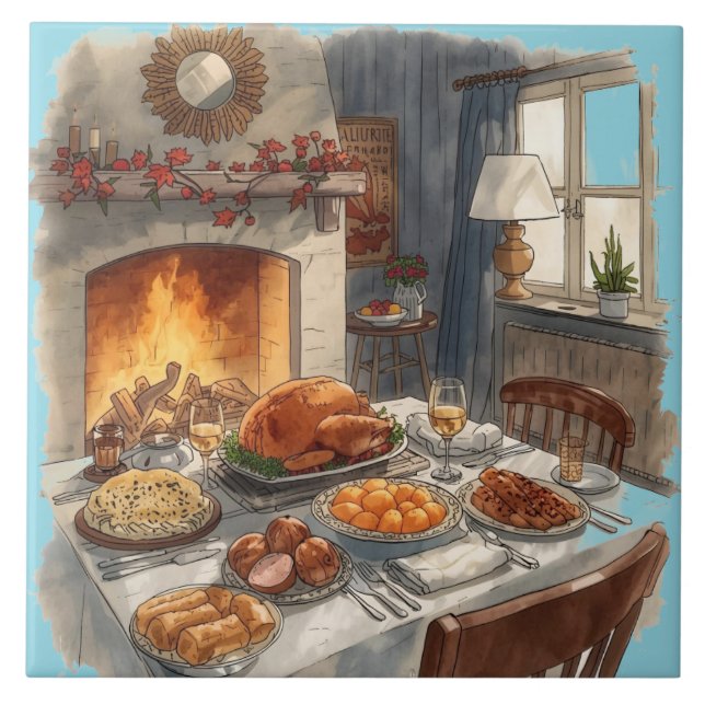 Azulejo De Cerâmica Ação de Graças, pratos tradicionais, Mesa de outon (Frente)