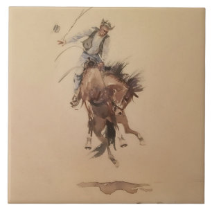 Azulejo De Cerâmica Açoitamento manual de um Bronc por Edward Borein