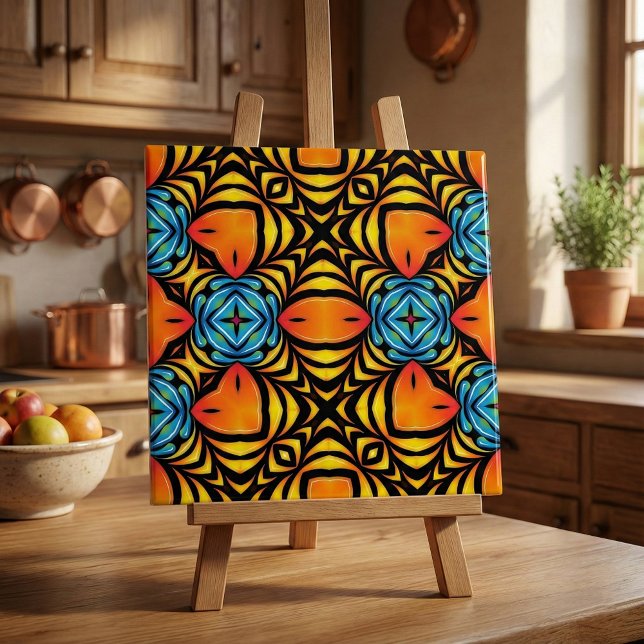 Azulejo De Cerâmica Acordos Simétricos de Azul Amarelo Laranja (Criador carregado)