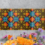 Azulejo De Cerâmica Acordos Simétricos de Azul Amarelo Laranja<br><div class="desc">Esta cerâmica apresenta um belo padrão que desenhar o olho numa dança de cor e forma. O intricado design é caracterizado por arranjos simétricos de matizes vibrantes, criando um efeito de ilusão ótica. As formas laranja arborizadas, parecidas com olhos ou folhas, são centrais no padrão, irradiando um senso de calor...</div>
