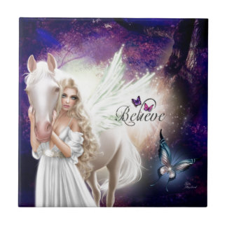 Azulejo De Cerâmica Acredite em Fantasy Fairy Angel com Cavalo Branco