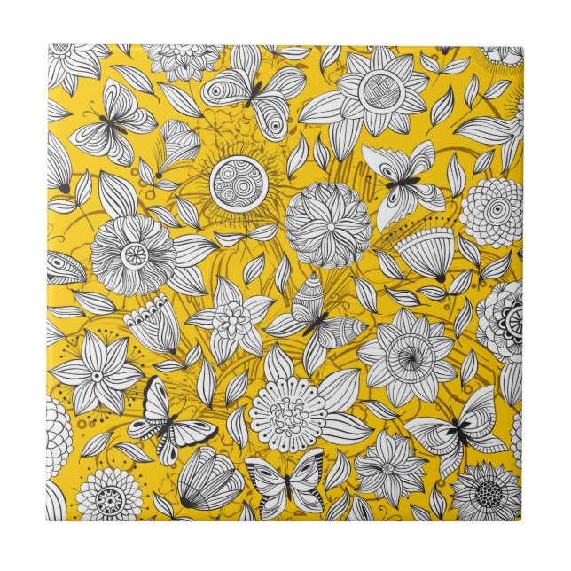 Azulejo De Cerâmica Adorável design abstrato floral branco e amarelo (Frente)