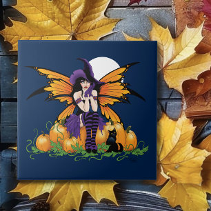 Azulejo De Cerâmica Adorável Fada de Halloween com Abóbora e Gato Pret