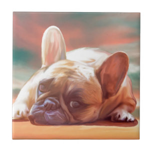 Azulejo De Cerâmica Adorável Pintura em Aquarela de Bulldog Francês